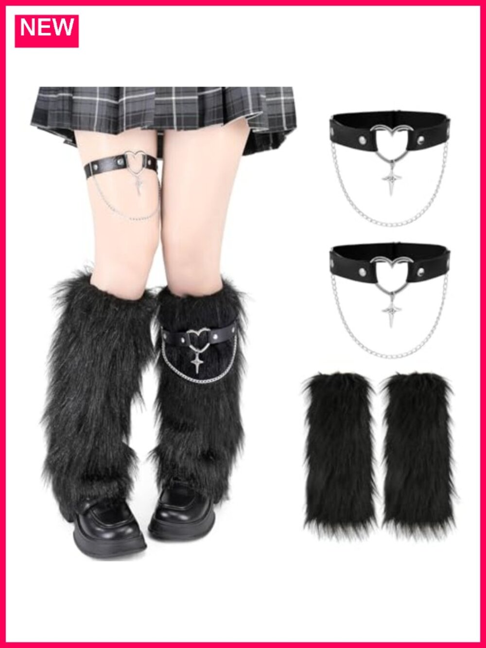 Faux Fur Leg Warmers with Faux Leather Chain, Boot Covers, Party Costume